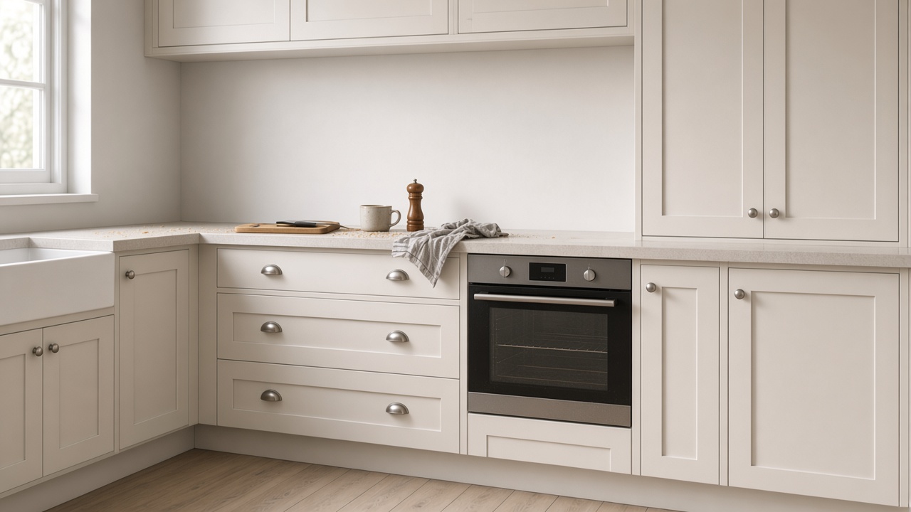 A shaker kitchen before a deep clean, with a dull oven glass