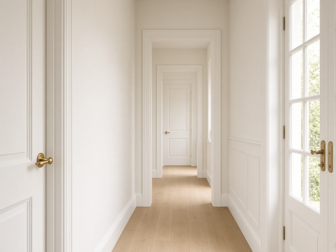A freshly painted hallway with pale walls and oak flooring